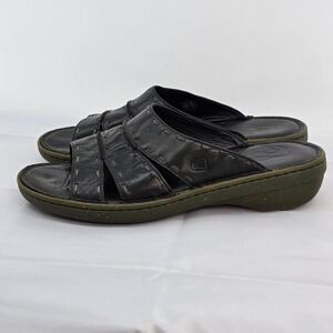KEEN CUSH Black Leather Whipstitch Slide Sandals Womens 11 5485-BLCK Olive Sole